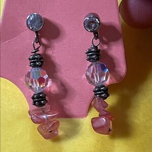 Pink Crystal Bead Drop Earrings with Silver Accents
